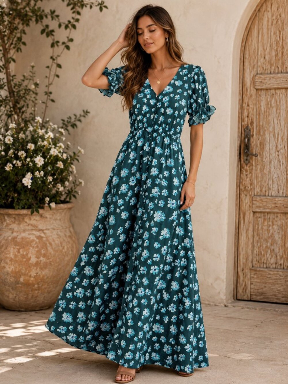 Outerknown Kira Floral Puff Sleeve Maxi Dress Green Blue XS NWT $248